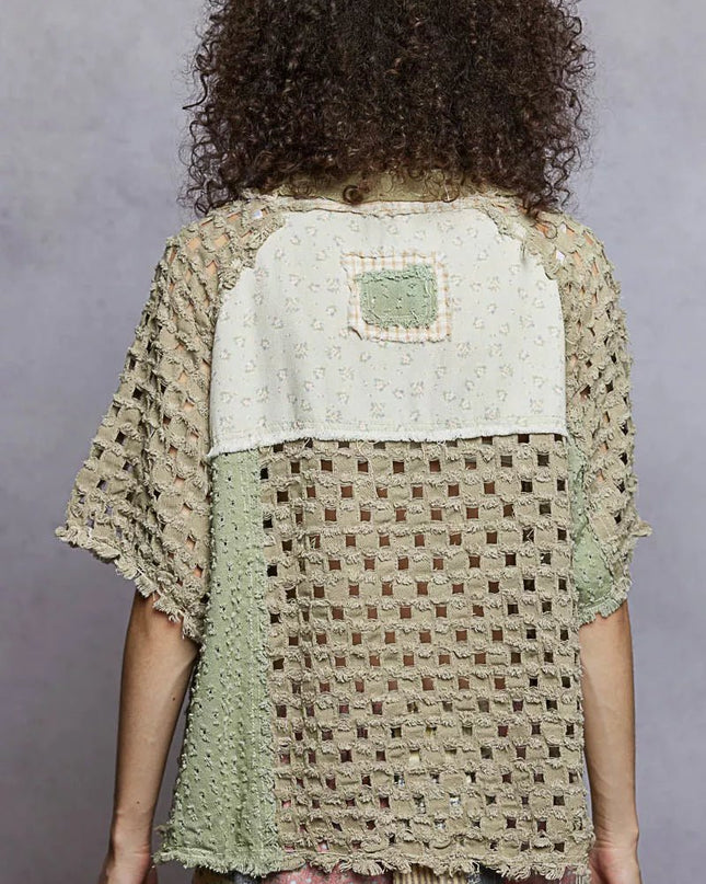 POL Button Down V - Neck Jacket with Printed Woven Patchwork - Sleekdenim.com