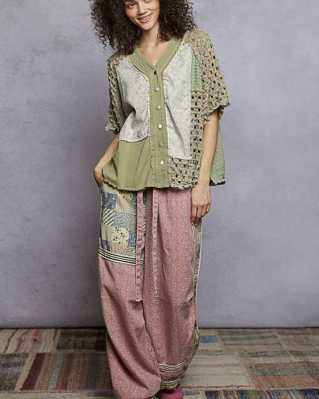 POL Button Down V - Neck Jacket with Printed Woven Patchwork - Sleekdenim.com