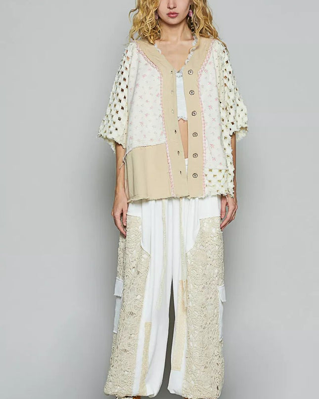 POL Button Down V - Neck Jacket with Printed Woven Patchwork - Sleekdenim.com