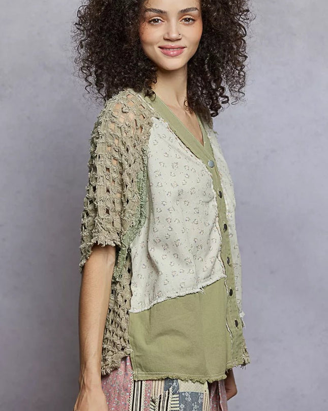 POL Button Down V - Neck Jacket with Printed Woven Patchwork - Sleekdenim.com