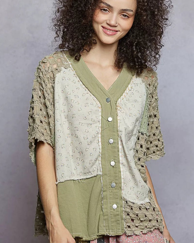 POL Button Down V - Neck Jacket with Printed Woven Patchwork - Sleekdenim.com