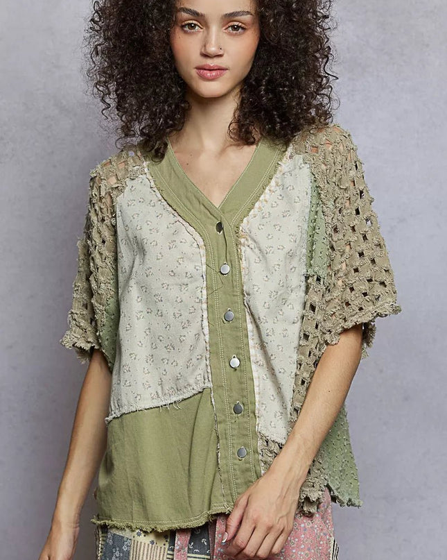 POL Button Down V - Neck Jacket with Printed Woven Patchwork - Sleekdenim.com