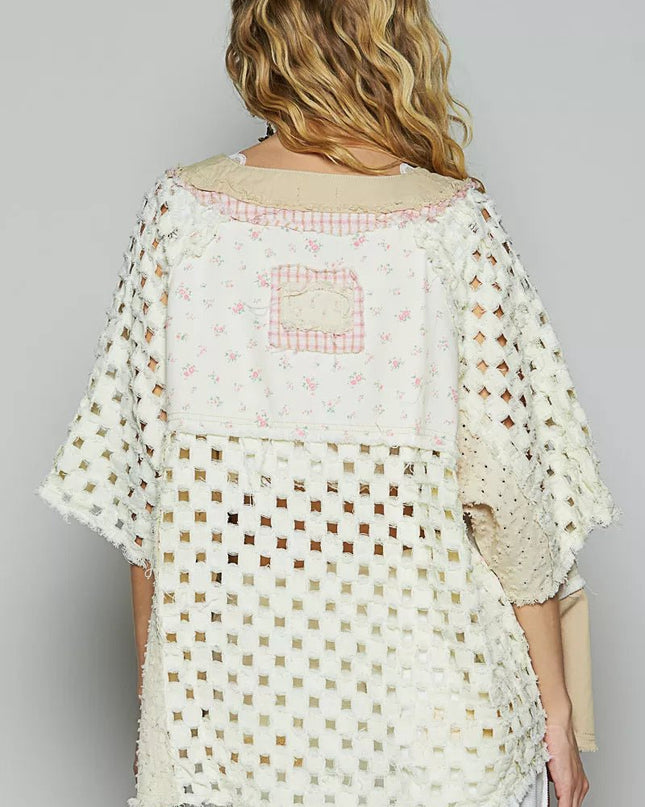 POL Button Down V - Neck Jacket with Printed Woven Patchwork - Sleekdenim.com