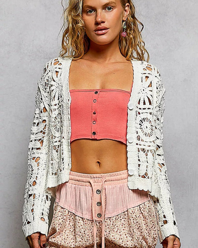 POL Button Down V - Neck Long Sleeve Cropped Crochet Cardigan - Sleekdenim.com
