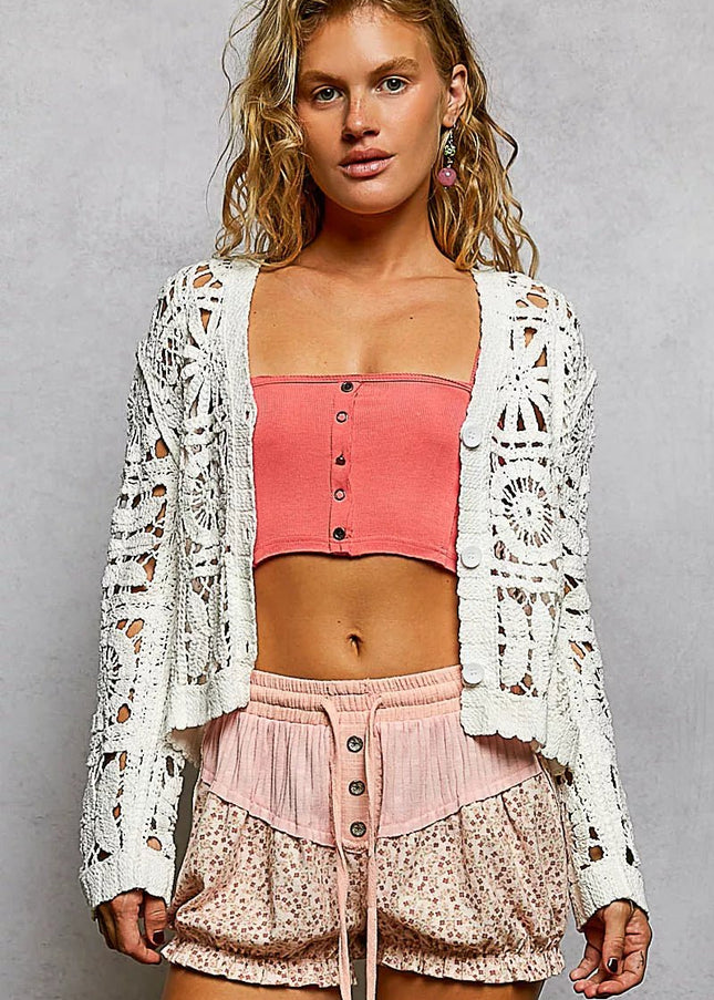 POL Button Down V - Neck Long Sleeve Cropped Crochet Cardigan - Sleekdenim.com