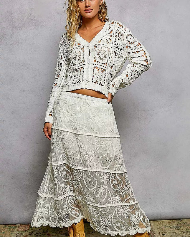 POL Button Down V - Neck Long Sleeve Cropped Crochet Cardigan - Sleekdenim.com