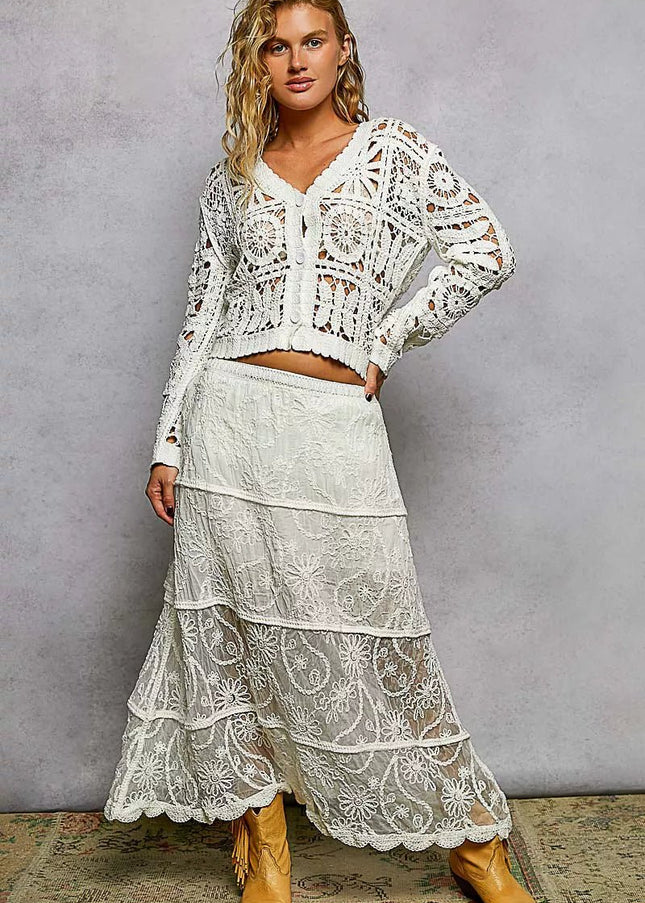 POL Button Down V - Neck Long Sleeve Cropped Crochet Cardigan - Sleekdenim.com