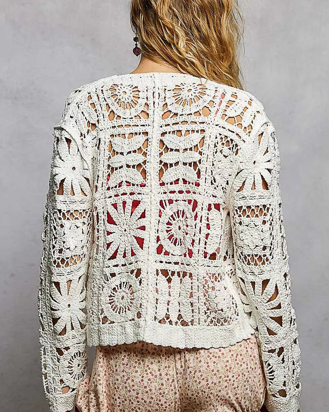 POL Button Down V - Neck Long Sleeve Cropped Crochet Cardigan - Sleekdenim.com