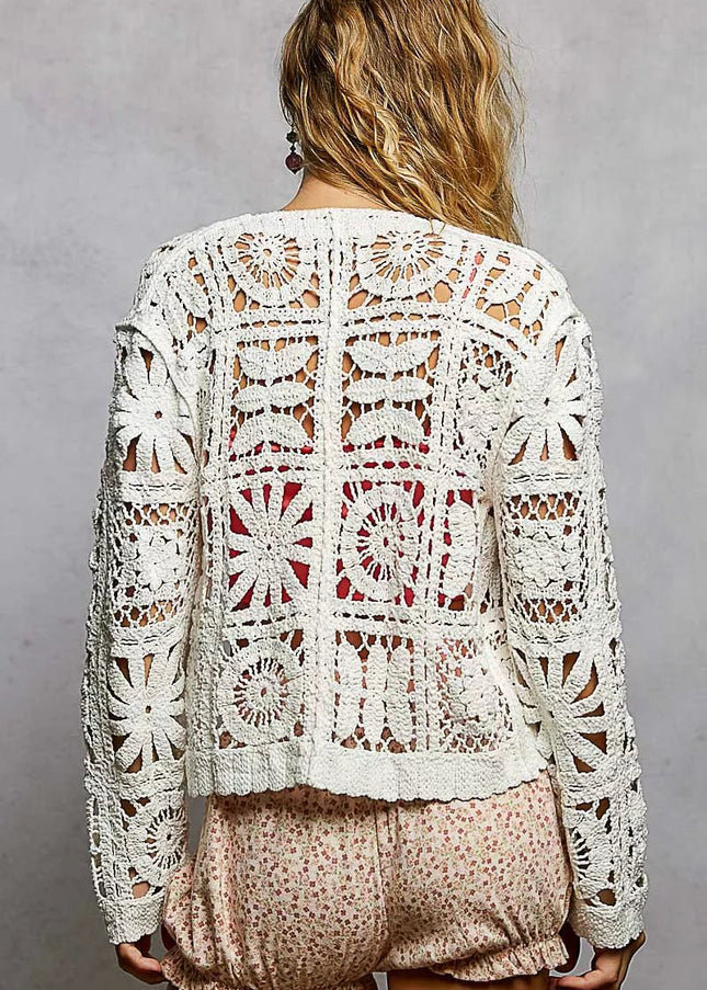 POL Button Down V - Neck Long Sleeve Cropped Crochet Cardigan - Sleekdenim.com