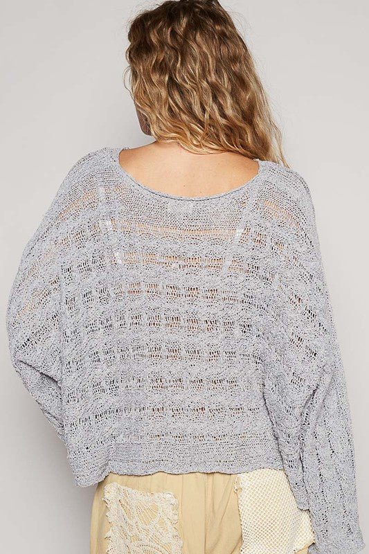 POL Cable - Knit Openwork Round Neck Cropped Knit Top - Sleekdenim.com