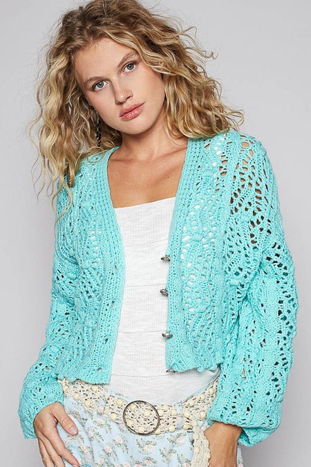 POL Cable - Knit Openwork V - Neck Button Up Cardigan - Sleekdenim.com