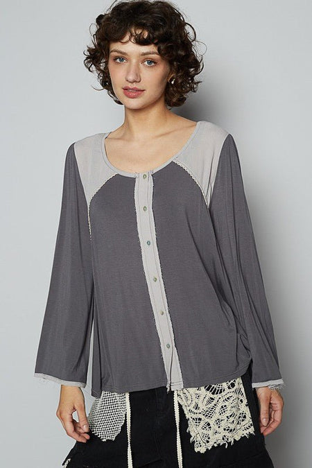 POL Contrast Button Front Long Sleeve Knit Top - Sleekdenim.com