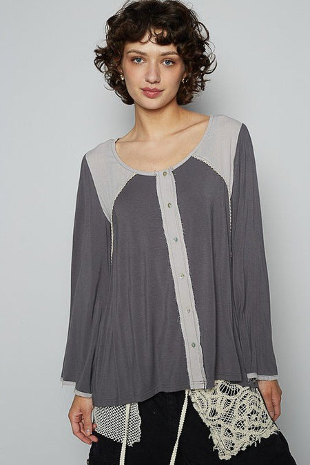 POL Contrast Button Front Long Sleeve Knit Top - Sleekdenim.com