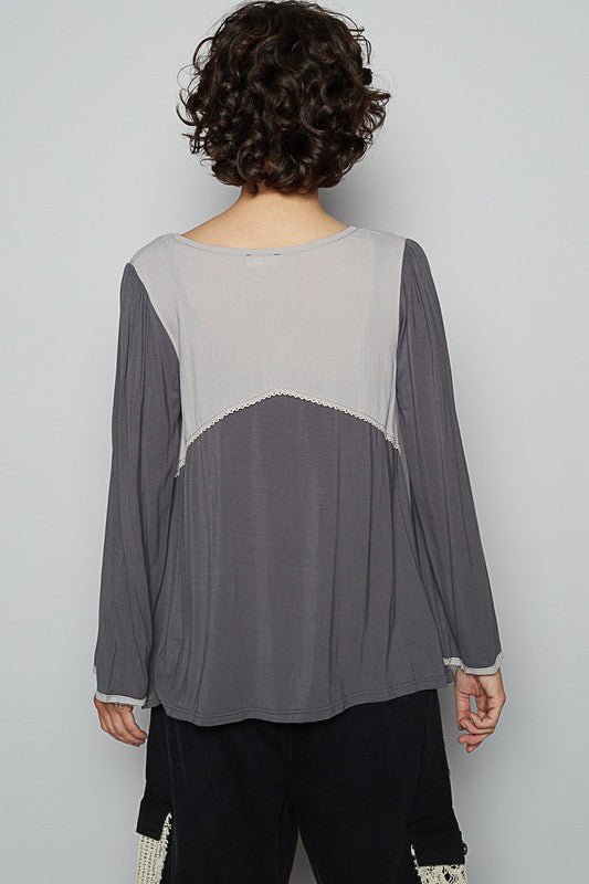 POL Contrast Button Front Long Sleeve Knit Top - Sleekdenim.com