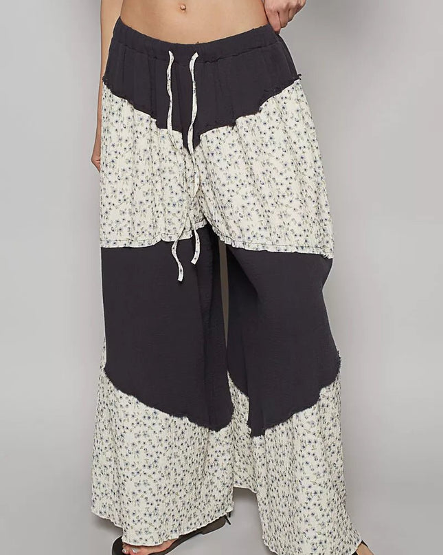 POL Contrast Floral Drawstring Wide Leg Pants - Sleekdenim.com