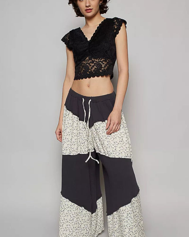 POL Contrast Floral Drawstring Wide Leg Pants - Sleekdenim.com