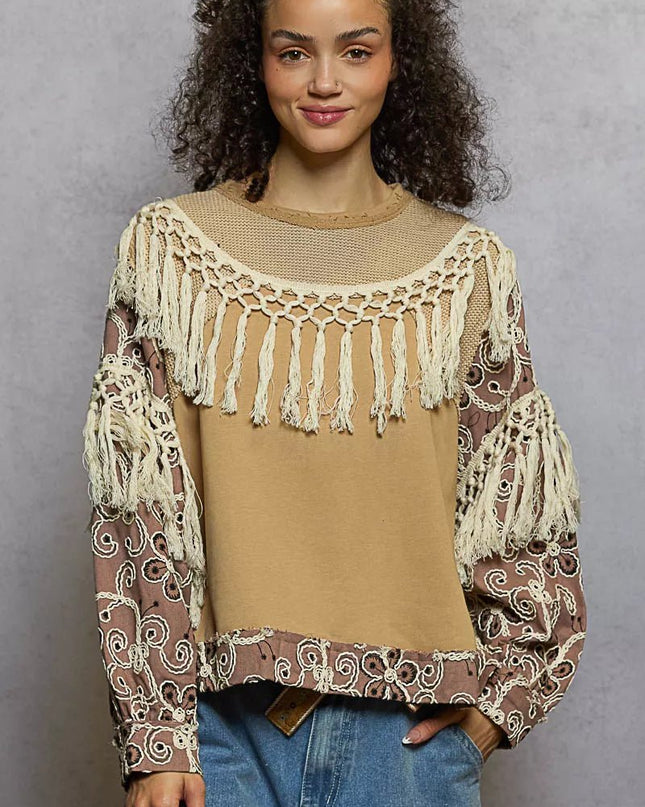 POL Contrast Floral Embroidery Balloon Sleeve Top with Tassel Trim - Sleekdenim.com