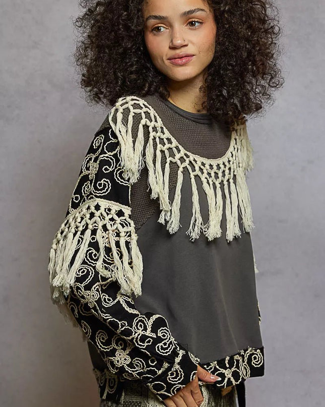 POL Contrast Floral Embroidery Balloon Sleeve Top with Tassel Trim - Sleekdenim.com