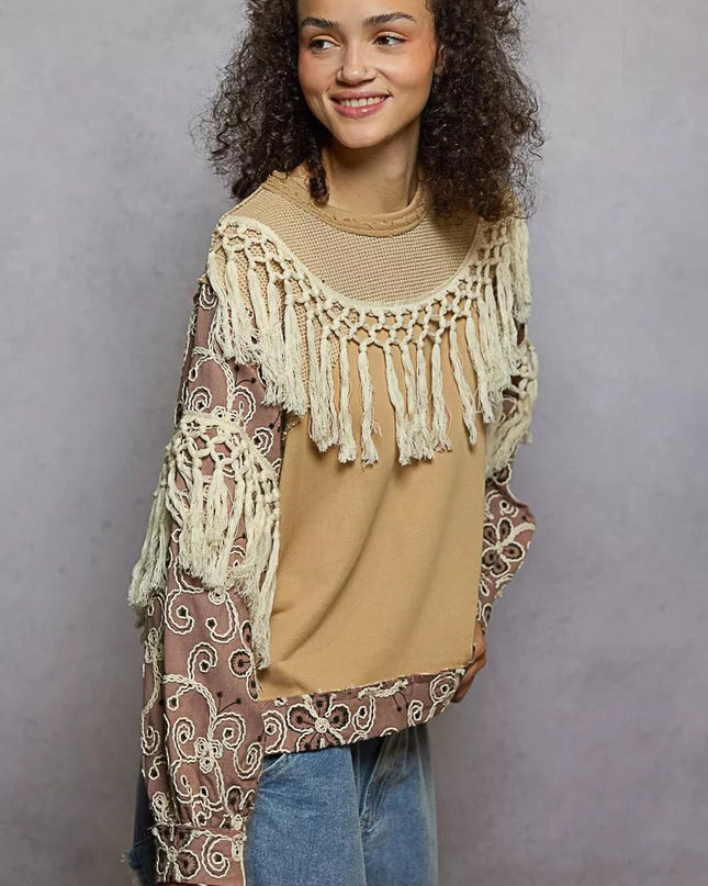 POL Contrast Floral Embroidery Balloon Sleeve Top with Tassel Trim - Sleekdenim.com