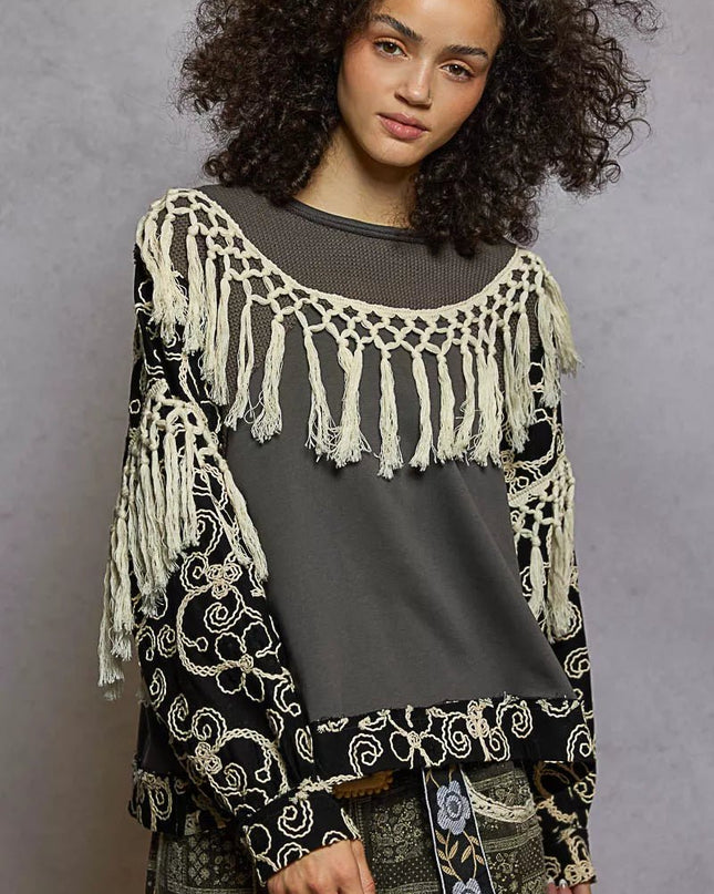POL Contrast Floral Embroidery Balloon Sleeve Top with Tassel Trim - Sleekdenim.com