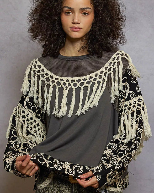 POL Contrast Floral Embroidery Balloon Sleeve Top with Tassel Trim - Sleekdenim.com