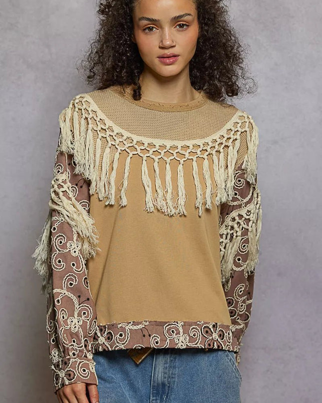 POL Contrast Floral Embroidery Balloon Sleeve Top with Tassel Trim - Sleekdenim.com