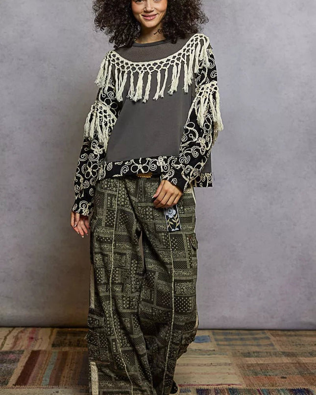POL Contrast Floral Embroidery Balloon Sleeve Top with Tassel Trim - Sleekdenim.com