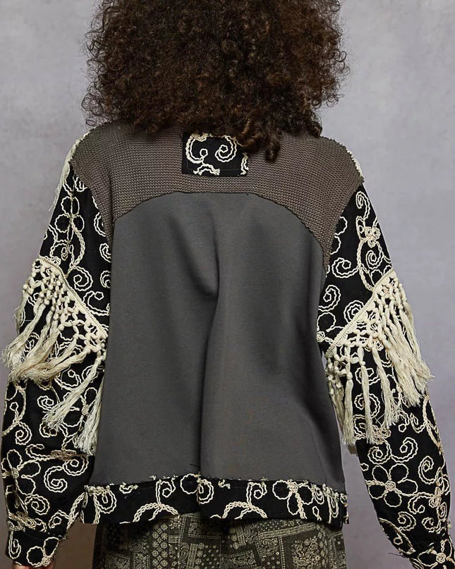 POL Contrast Floral Embroidery Balloon Sleeve Top with Tassel Trim - Sleekdenim.com