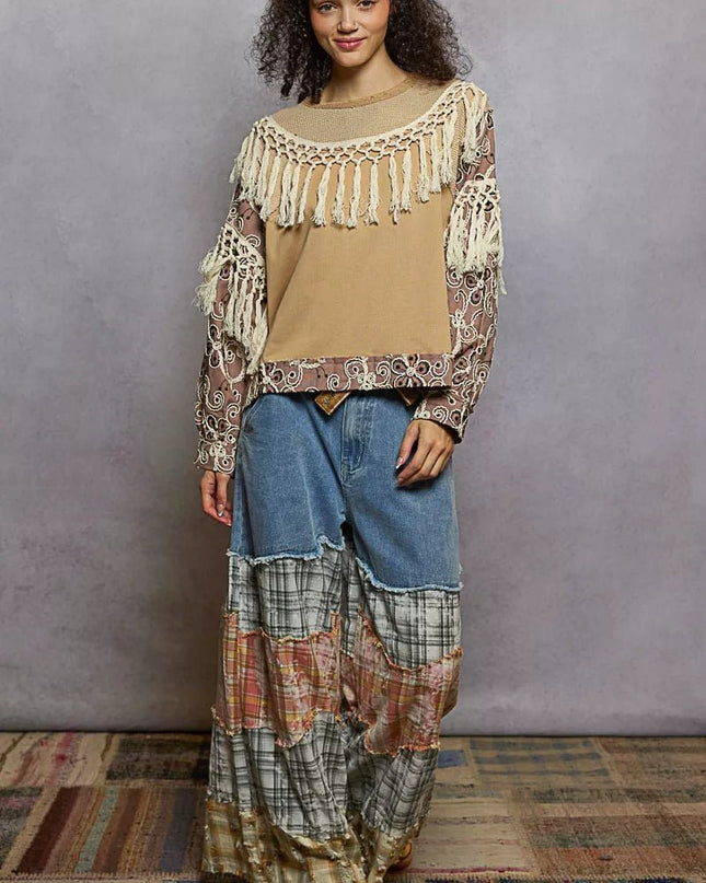 POL Contrast Floral Embroidery Balloon Sleeve Top with Tassel Trim - Sleekdenim.com