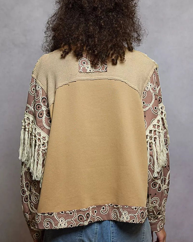 POL Contrast Floral Embroidery Balloon Sleeve Top with Tassel Trim - Sleekdenim.com