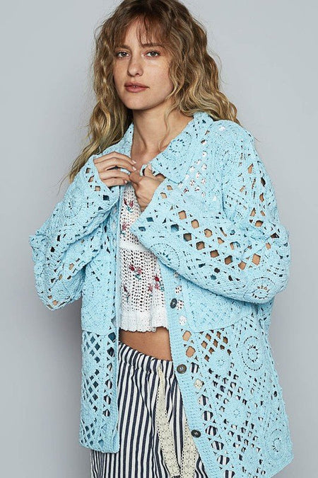 POL Crochet Button Up Cardigan with Chest Patch Pockets - Sleekdenim.com