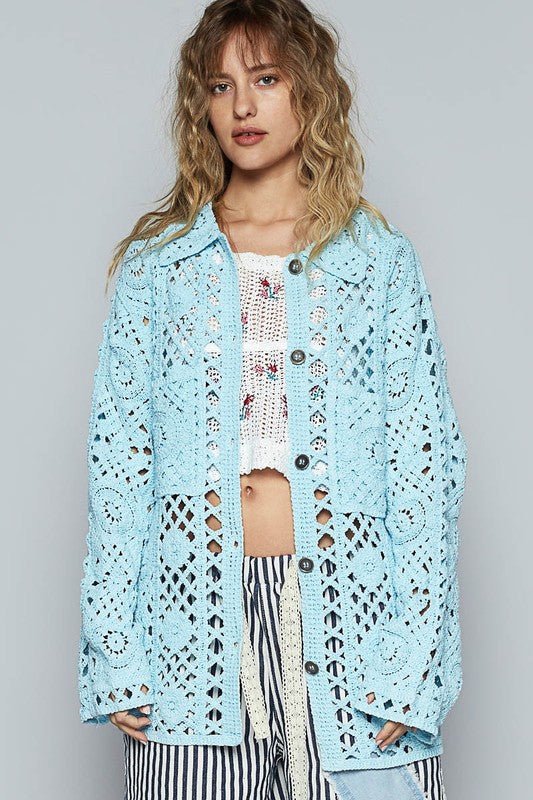 POL Crochet Button Up Cardigan with Chest Patch Pockets - Sleekdenim.com