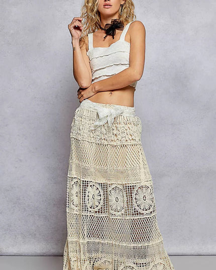 POL Crochet Floral Flared Skirt with Elastic Waist Band - Sleekdenim.com