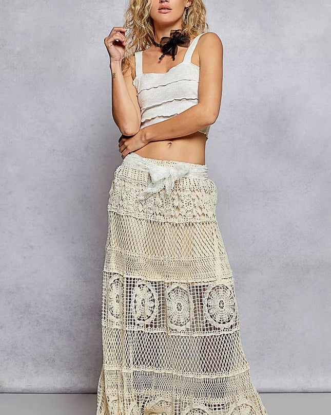 POL Crochet Floral Flared Skirt with Elastic Waist Band - Sleekdenim.com