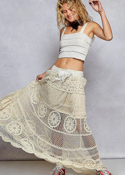 POL Crochet Floral Flared Skirt with Elastic Waist Band - Sleekdenim.com