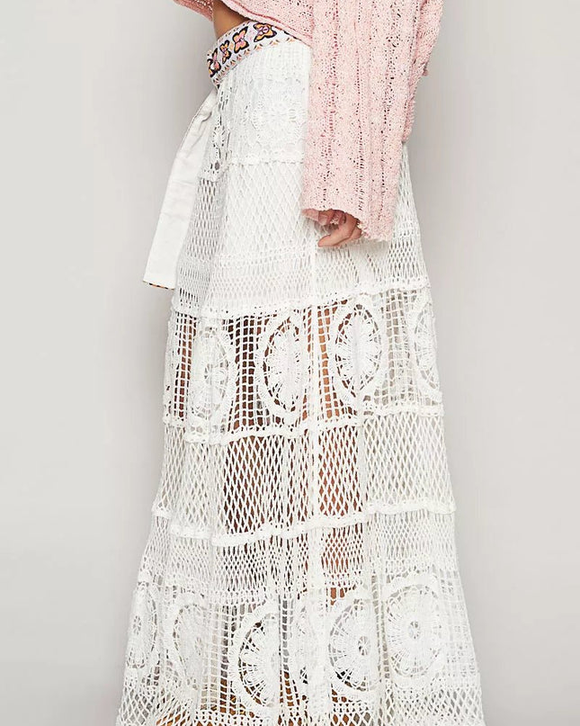 POL Crochet Floral Flared Skirt with Elastic Waist Band - Sleekdenim.com