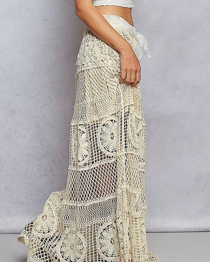 POL Crochet Floral Flared Skirt with Elastic Waist Band - Sleekdenim.com