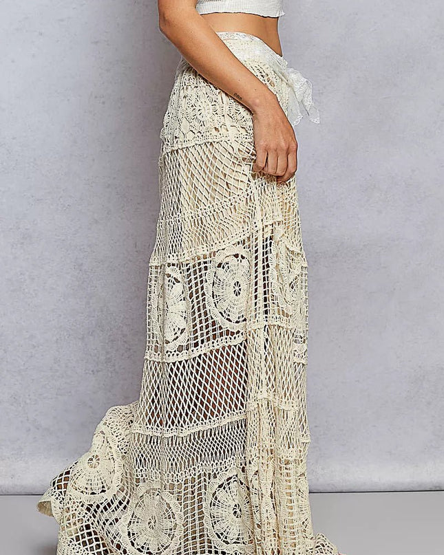 POL Crochet Floral Flared Skirt with Elastic Waist Band - Sleekdenim.com