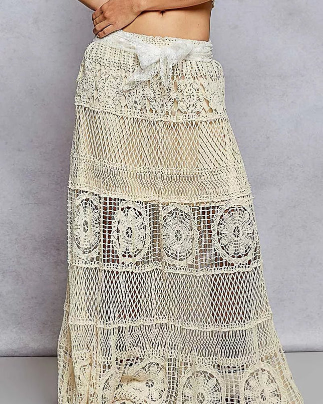 POL Crochet Floral Flared Skirt with Elastic Waist Band - Sleekdenim.com