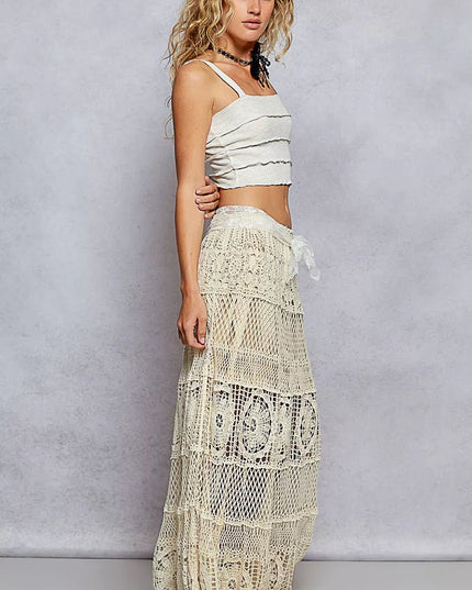 POL Crochet Floral Flared Skirt with Elastic Waist Band - Sleekdenim.com