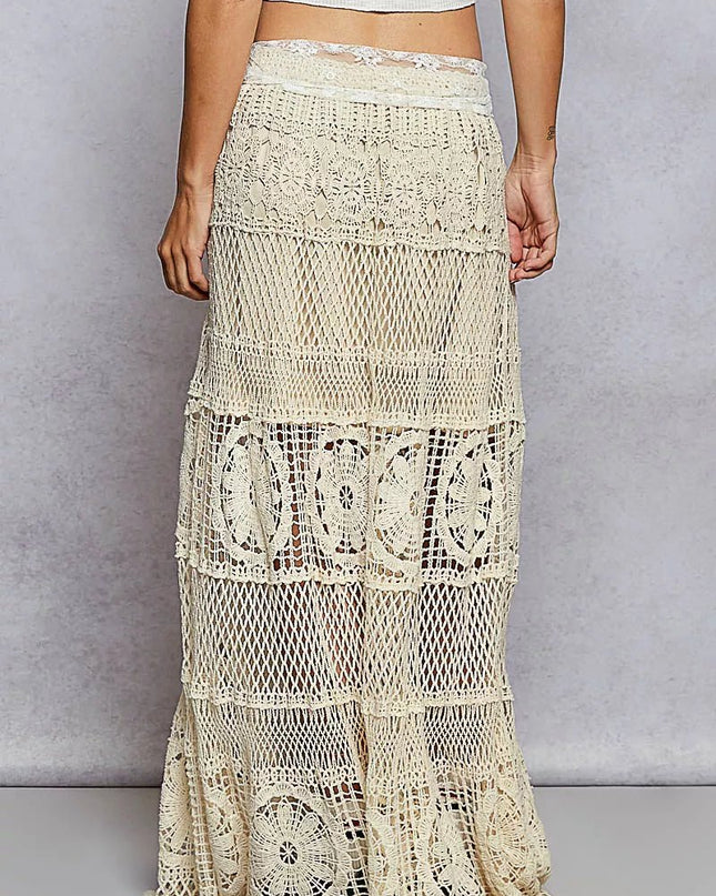 POL Crochet Floral Flared Skirt with Elastic Waist Band - Sleekdenim.com