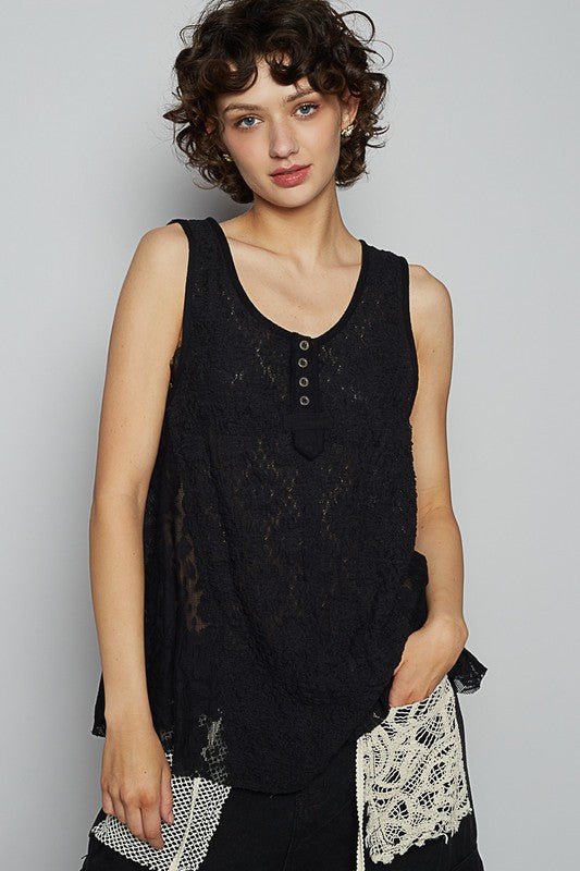 POL Crochet Lace Mix Button Detail Round Neck Tank - Sleekdenim.com