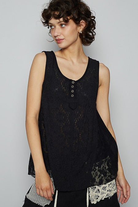 POL Crochet Lace Mix Button Detail Round Neck Tank - Sleekdenim.com