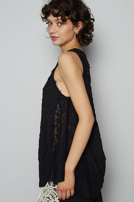 POL Crochet Lace Mix Button Detail Round Neck Tank - Sleekdenim.com