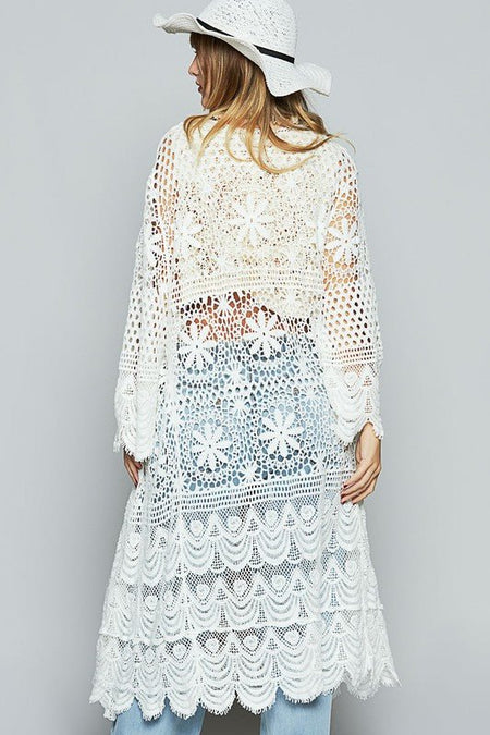 POL Crochet Open Front Long Sleeve Longline Cardigan - Sleekdenim.com