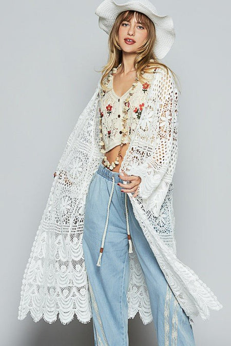 POL Crochet Open Front Long Sleeve Longline Cardigan - Sleekdenim.com