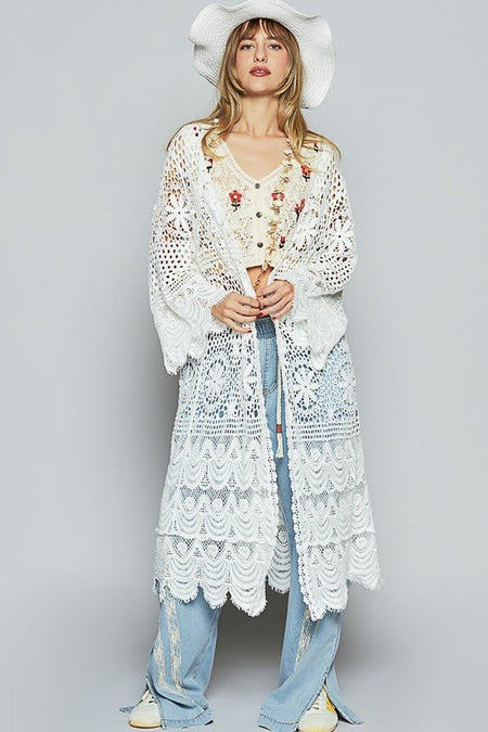 POL Crochet Open Front Long Sleeve Longline Cardigan - Sleekdenim.com