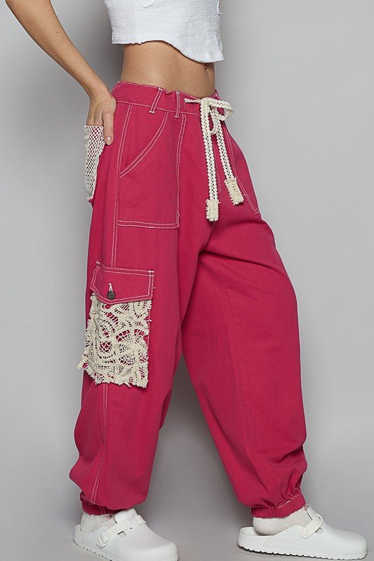 POL Crochet Overlay Pockets Drawstring Pants - Sleekdenim.com