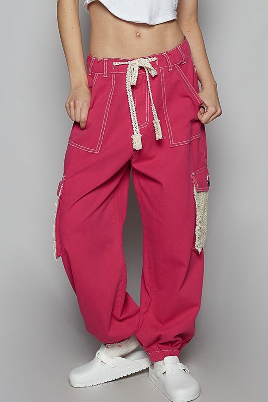 POL Crochet Overlay Pockets Drawstring Pants - Sleekdenim.com