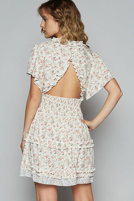 POL Cutout Back Frill Floral V - Neck Short Sleeve Mini Dress - Sleekdenim.com